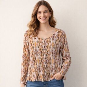 Sundance Sweater Womens Medium Pink Yellow Feather Print Button Front Cotton